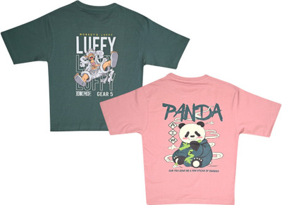 NeuVin Boys & Girls Cartoon Pure Cotton Regular T Shirt(Green, Pink, Pack of 2)