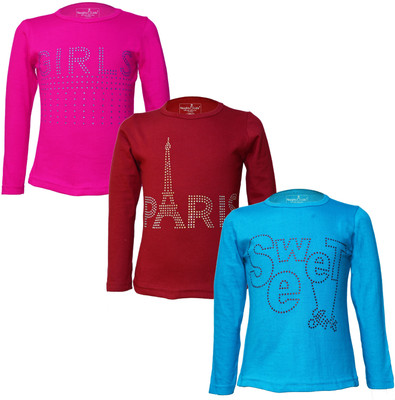 Just Live Fashionn Girls Printed Pure Cotton Regular T Shirt(Multicolor, Pack of 3)