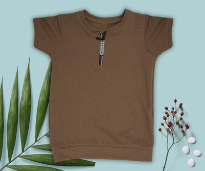 cut & make Boys Self Design Cotton Blend Regular T Shirt(Brown, Pack of 1)