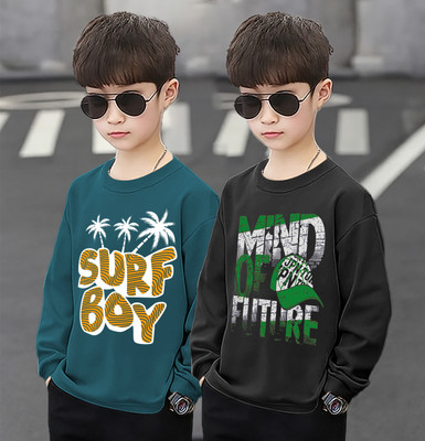 Infinite Picz Boys Typography, Printed Cotton Blend Regular T Shirt(Black, Blue, Pack of 2)