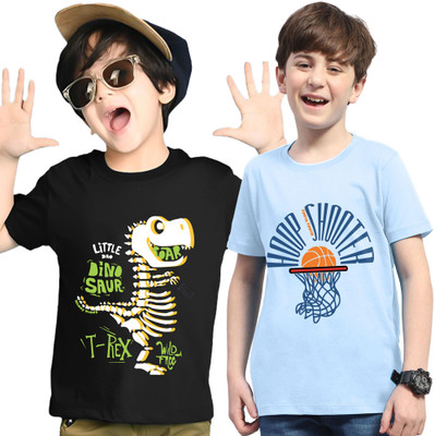 Kiddy Viddy Boys Graphic Print Cotton Blend Regular T Shirt(Light Blue, Black, Pack of 2)