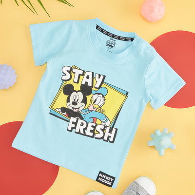 Pantaloons Baby Baby Boys Printed Pure Cotton Regular T Shirt(Light Blue, Pack of 1)