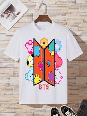 KPPRINT Boys & Girls Printed Cotton Blend Regular T Shirt(White, Pack of 1)
