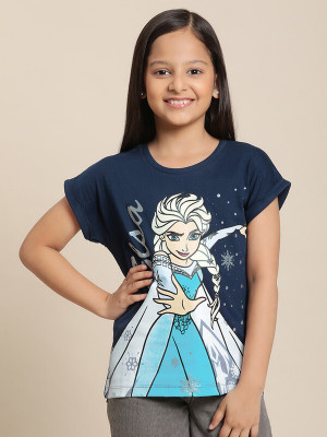 kidsville Girls Printed Pure Cotton Regular T Shirt(Blue, Pack of 1)