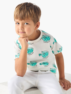 JUNIORS by Babyshop Boys Printed Pure Cotton Regular T Shirt(White, Pack of 1)