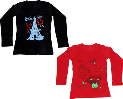 Indistar Girls Printed Cotton Blend Regular T Shirt(Multicolor, Pack of 2)