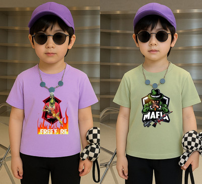 Lecowar Boys Graphic Print Polyester Regular T Shirt(Purple, Green, Pack of 1)