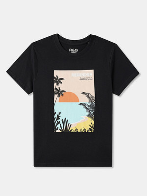 R&B Boys Printed Pure Cotton Regular T Shirt(Black, Pack of 1)
