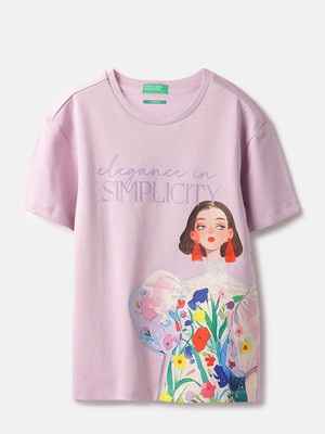 United Colors of Benetton Girls Printed Pure Cotton Regular T Shirt(Purple, Pack of 1)