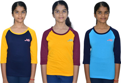 JILZ Girls Colorblock Pure Cotton Regular T Shirt(Multicolor, Pack of 3)