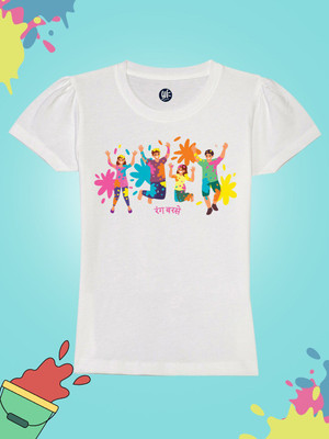 Yk Girls Printed Pure Cotton Regular T Shirt(White, Pack of 1)