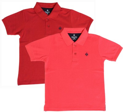 NeuVin Boys Self Design Cotton Blend T Shirt(Maroon, Pack of 2)