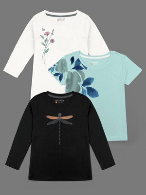 Hellcat Girls Printed Cotton Blend Regular T Shirt(Multicolor, Pack of 3)