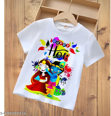 VM Fashion Boys & Girls Printed Polyester Regular T Shirt(White, Pack of 1)
