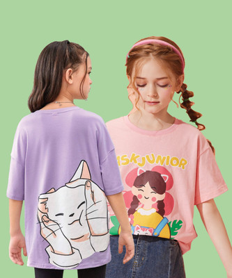 SYDNEY HILLS Girls Graphic Print Pure Cotton Oversized T Shirt(Multicolor, Pack of 2)