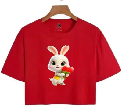 Wearax Girls Graphic Print Cotton Blend Regular T Shirt(Red, Pack of 1)