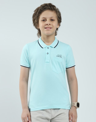 MONTE CARLO Boys Solid, Printed Pure Cotton Regular T Shirt(Blue, Pack of 1)