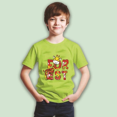 Paryag Boys & Girls Printed Cotton Blend Regular T Shirt(Light Green, Pack of 1)