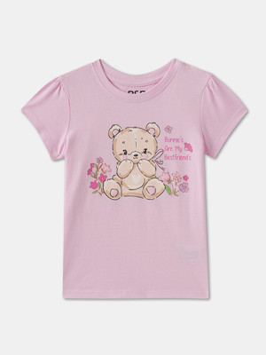 R&B Girls Graphic Print Pure Cotton Regular T Shirt(Pink, Pack of 1)