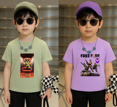 Lecowar Boys Graphic Print Polyester Regular T Shirt(Green, Purple, Pack of 2)
