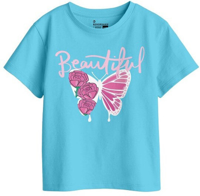 BonOrganik Girls Printed Pure Cotton Regular T Shirt(Blue, Pack of 1)