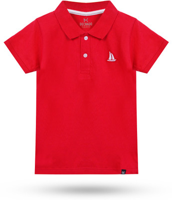 Dechado Boys Striped Pure Cotton Regular T Shirt(Red, Pack of 1)