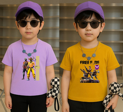 Lecowar Boys Printed Polyester Regular T Shirt(Purple, Yellow, Pack of 2)