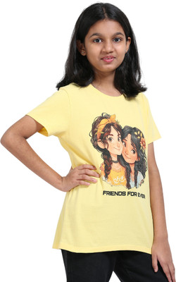 estuna Girls Printed Pure Cotton Regular T Shirt(Yellow, Pack of 1)