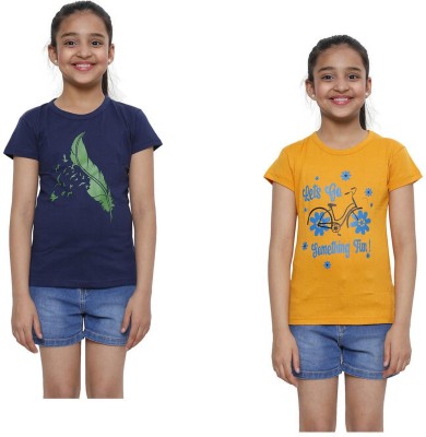 KAVYA Girls Printed Cotton Blend Regular T Shirt(Multicolor, Pack of 2)