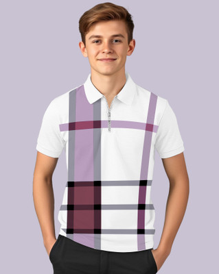 AUSK Boys Checkered Cotton Blend Regular T Shirt(Purple, White, Pack of 1)