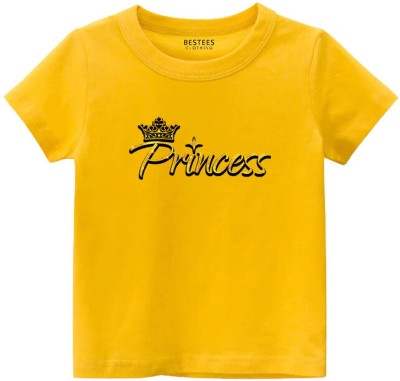 BESTEESCLOTHING Girls Typography, Printed Pure Cotton Regular T Shirt(Yellow, Pack of 1)