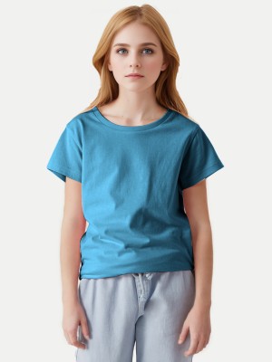 radprix Girls Solid Pure Cotton Regular T Shirt(Blue, Pack of 1)