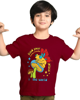 AOOSH Boys Printed, Graphic Print Cotton Blend Regular T Shirt(Maroon, Pack of 1)