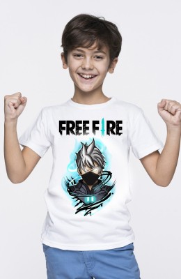 free fire tees Boys Graphic Print Polyester T Shirt(White, Pack of 1)