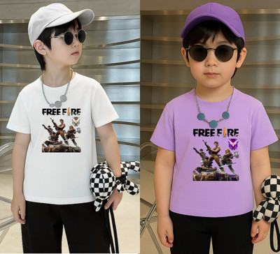 Lecowar Boys Graphic Print Polyester Regular T Shirt(White, Purple, Pack of 2)