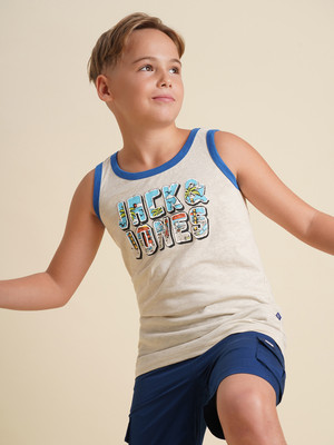 Jack & Jones Junior Boys Typography Cotton Blend Regular T Shirt(White, Pack of 1)