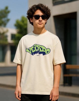 Veirdo Boys Printed Pure Cotton Oversized T Shirt(Beige, Pack of 1)