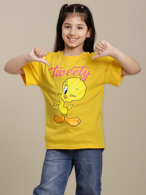 kidsville Girls Printed Pure Cotton Oversized T Shirt(Yellow, Pack of 1)