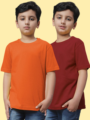 FBAR Boys Solid Pure Cotton Regular T Shirt(Orange, Brown, Pack of 2)
