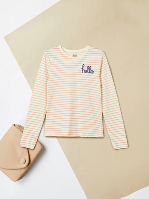 MAX Girls Striped Pure Cotton Regular T Shirt(Beige, Pack of 1)