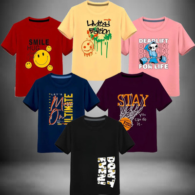 CUTE TREND Boys Printed Pure Cotton Regular T Shirt(Multicolor, Pack of 6)
