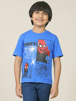 kidsville Boys Printed Pure Cotton Regular T Shirt(Blue, Pack of 1)