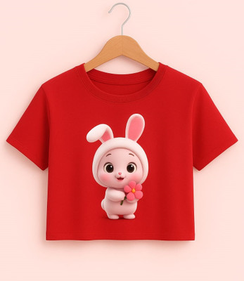 Mukoo Girls Solid Cotton Blend Regular T Shirt(Red, Pack of 1)