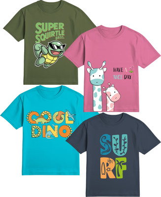 Elora Boys & Girls Printed Pure Cotton Regular T Shirt(Multicolor, Pack of 4)