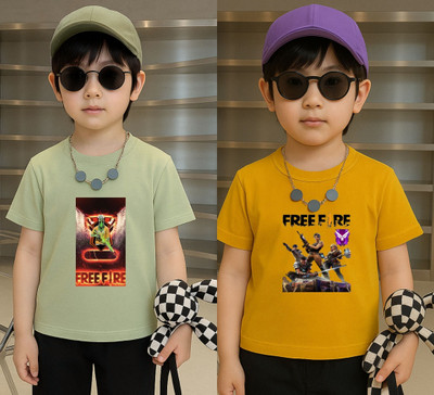 Lecowar Boys Graphic Print Polyester Regular T Shirt(Green, Yellow, Pack of 2)