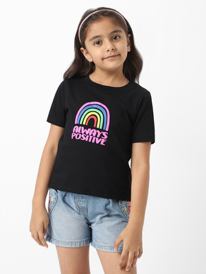 NautiNati Girls Printed Pure Cotton Regular T Shirt(Black, Pack of 1)