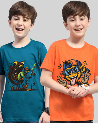 AOOSH Boys Graphic Print Cotton Blend Regular T Shirt(Dark Blue, Orange, Pack of 2)