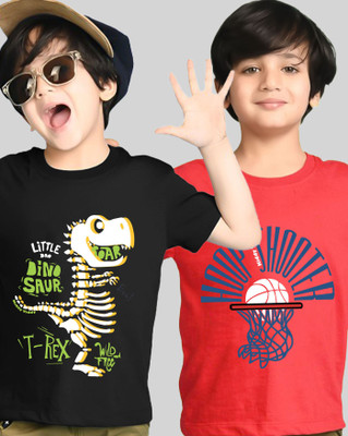AOOSH Boys Printed Cotton Blend Regular T Shirt(Red, Black, Pack of 2)