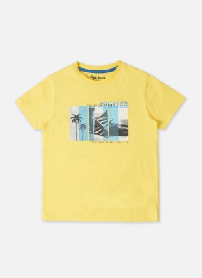 Pepe Jeans Boys Printed Cotton Blend Regular T Shirt(Yellow, Pack of 1)