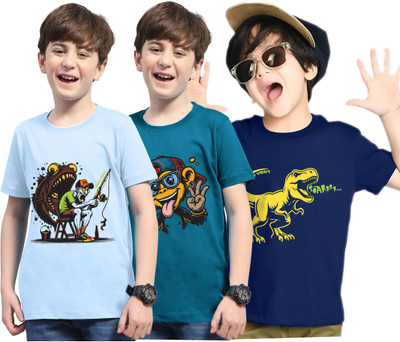 Kiddy Viddy Boys Printed Cotton Blend Regular T Shirt(Dark Blue, Light Blue, Pack of 3)